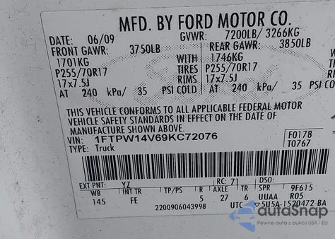 2009 Ford F-150 Fx4/King Ranch/Lariat/Platinum/Xl/Xlt from USA, damaged, VIN 1FTPW14V69KC72076